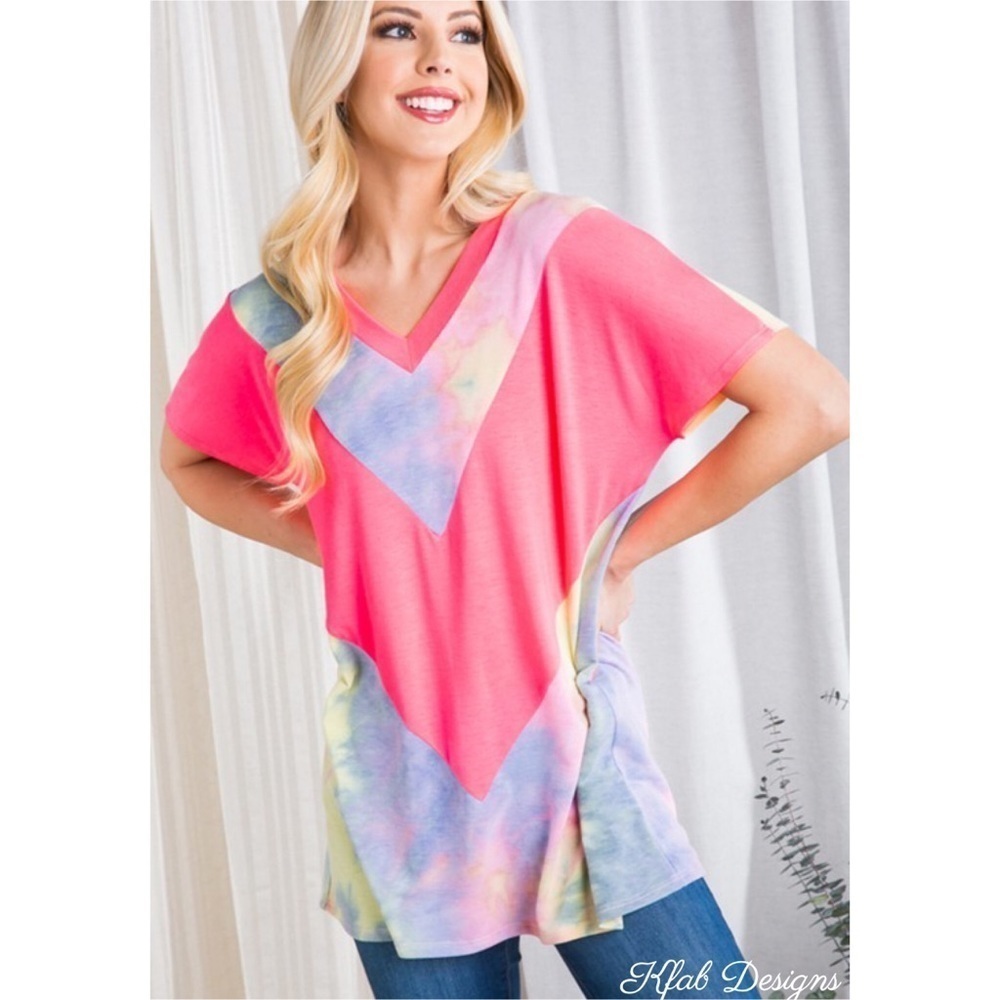 LAST 2! V Neck Tie Dye Pink  Color Block Knit Top!